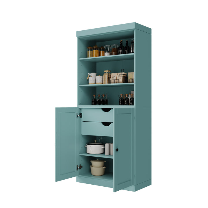 100% Solid Wood 32" Pantry Cabinet, 2 Shaker Wood Bottom Doors, 2 Drawers