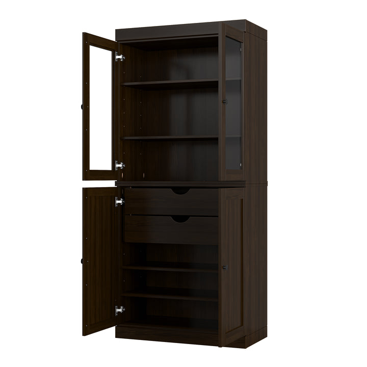 100% Solid Wood Kitchen Pantry China Cabinet, Tall Freestanding Modular Storage with Glass & Shaker Doors & 2 Drawers, Adjustable Shelves, 32" W x 71.5" H