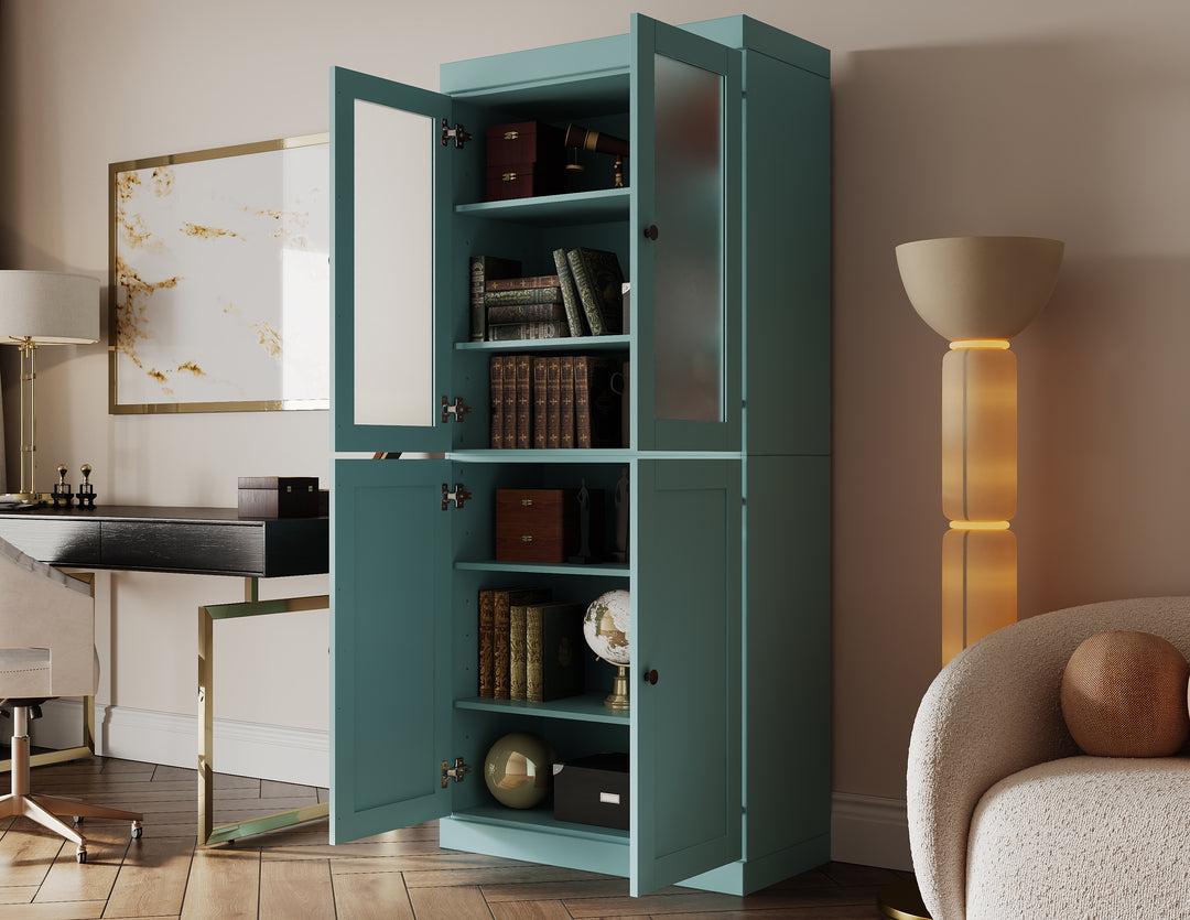 100% Solid Wood 6-Shelf 32" Bookcase, 2 Frosted Glass, 2 Shaker Wood Doors, Adjustable Shelves