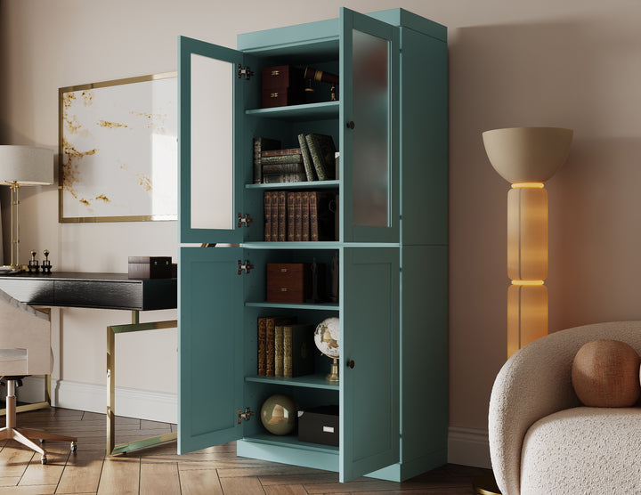 100% Solid Wood 6-Shelf 32" Bookcase, 2 Frosted Glass, 2 Shaker Wood Doors, Adjustable Shelves