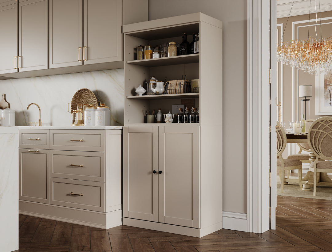 100% Solid Wood 32" Pantry Cabinet, 2 Shaker Wood Bottom Doors, 2 Drawers