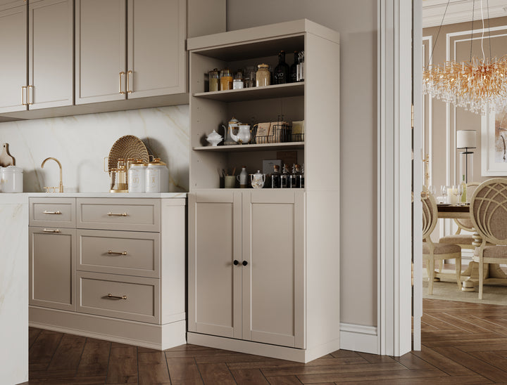 100% Solid Wood 32" Pantry Cabinet, 2 Shaker Wood Bottom Doors, 2 Drawers