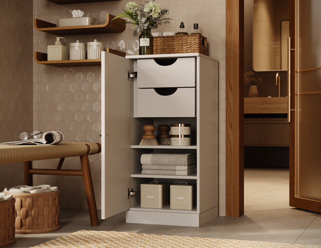 100% Solid Wood Bathroom Storage Cabinet, Raised Panel Door, 2 Drawers, Adjustable Shelves, 16.5" Wide, 35.75" Tall
