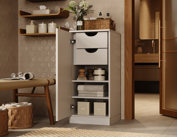 100% Solid Wood Bathroom Storage Cabinet, Raised Panel Door, 2 Drawers, Adjustable Shelves, 16.5" Wide, 35.75" Tall