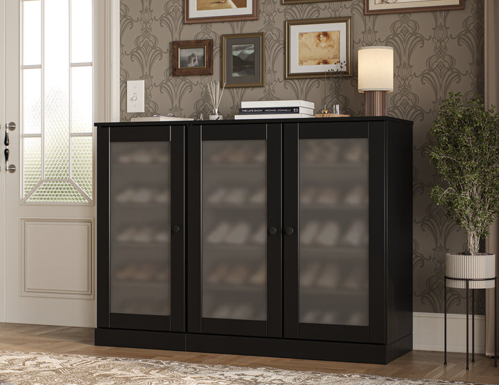 100% Solid Wood Frosted Glass Door Shoe Storage Cabinet, Adjustable Shelves, Space Saving Modular Entryway Organizer, 48.5" W x 35.75" H