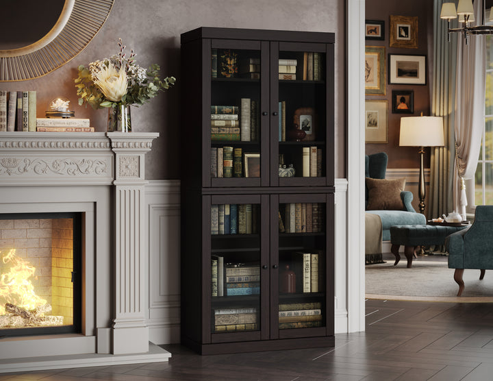 Premium 100% Solid European Oak Hardwood 6-Shelf Modular Bookcase with Tinted Glass Doors – 32" Wide, 71.5" Tall