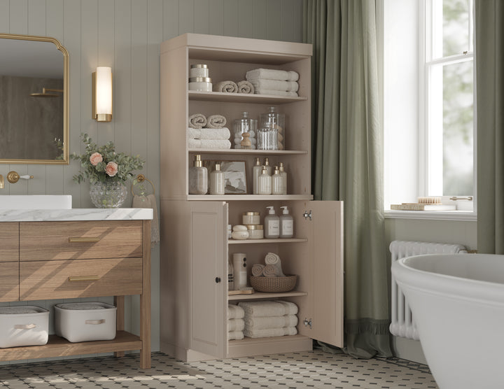 100% Solid Brazilian Pine Wood Bathroom Storage Cabinet, Raised Panel Doors, Adjustable Shelves, 32" Wide, 71.5" Tall