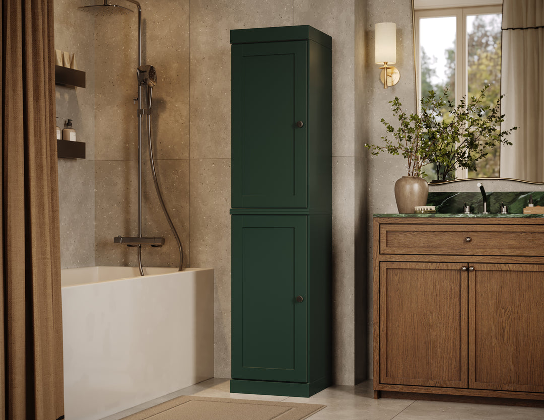 100% Solid Wood Bathroom Storage Cabinet, Shaker Doors, 2 Drawers, Adjustable Shelves, 16.5" Wide, 71.5" Tall
