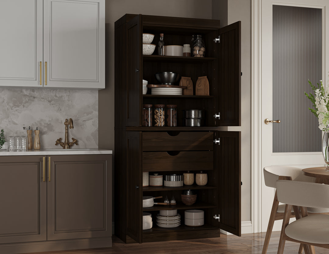 100% Solid Wood Kitchen Pantry Cabinet, Tall Freestanding Modular Storage with Shaker Doors & 2 Drawers, Adjustable Shelves, 32" W x 71.5" H
