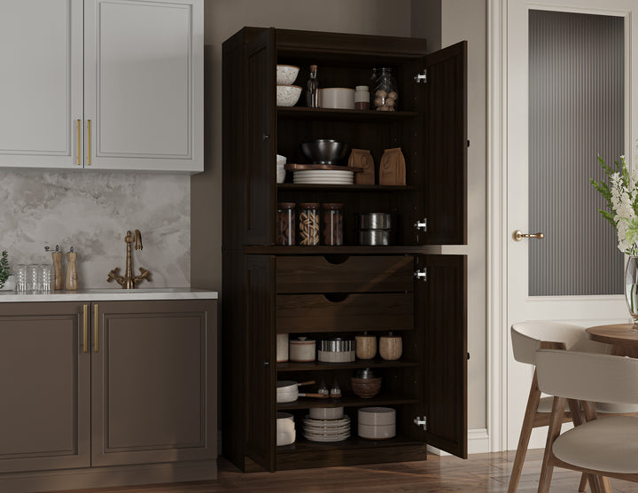 100% Solid Wood Kitchen Pantry Cabinet, Tall Freestanding Modular Storage with Shaker Doors & 2 Drawers, Adjustable Shelves, 32" W x 71.5" H