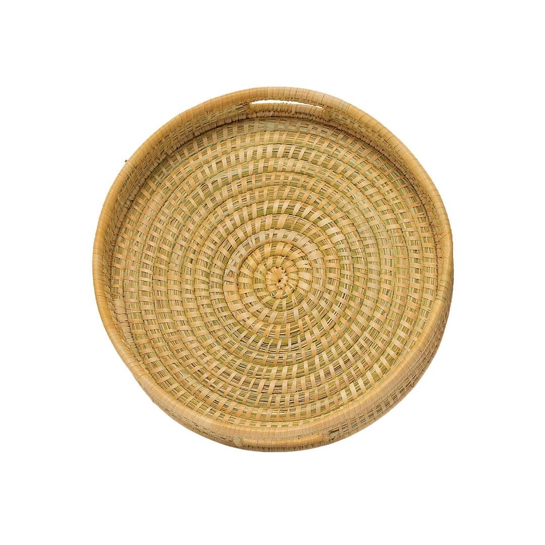 100% Handwoven Natural Rattan 15" Round Serving Tray, Boho Farmhouse Kitchen, Dining & Home Decor, Handcrafted – Authentic African Craftsmanship, Trays - Palace Imports