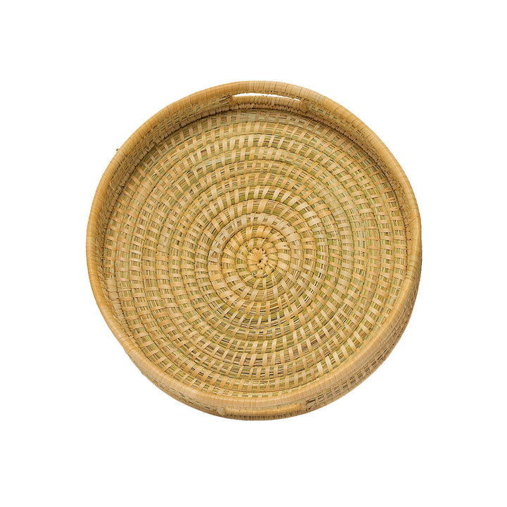 100% Handwoven Natural Rattan 15" Round Serving Tray, Boho Farmhouse Kitchen, Dining & Home Decor, Handcrafted – Authentic African Craftsmanship, Trays - Palace Imports