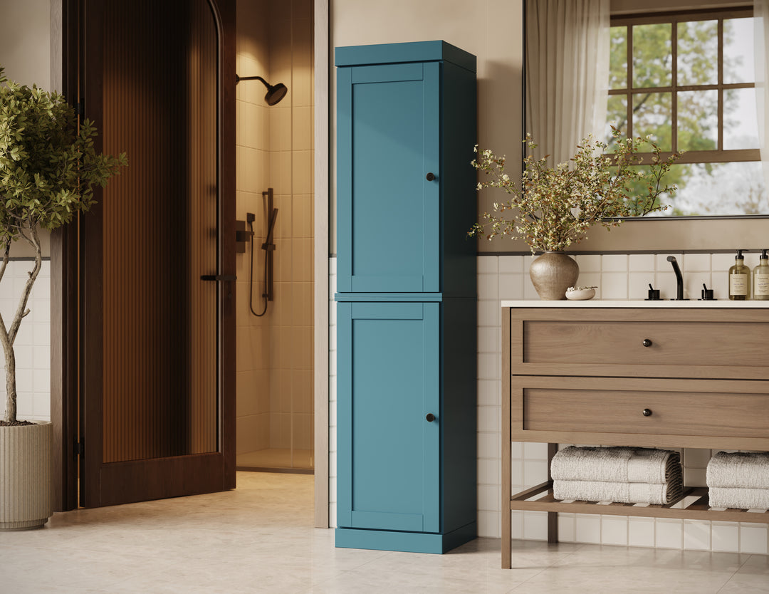 100% Solid Wood Bathroom Storage Cabinet, Shaker Doors, 2 Drawers, Adjustable Shelves, 16.5" Wide, 71.5" Tall