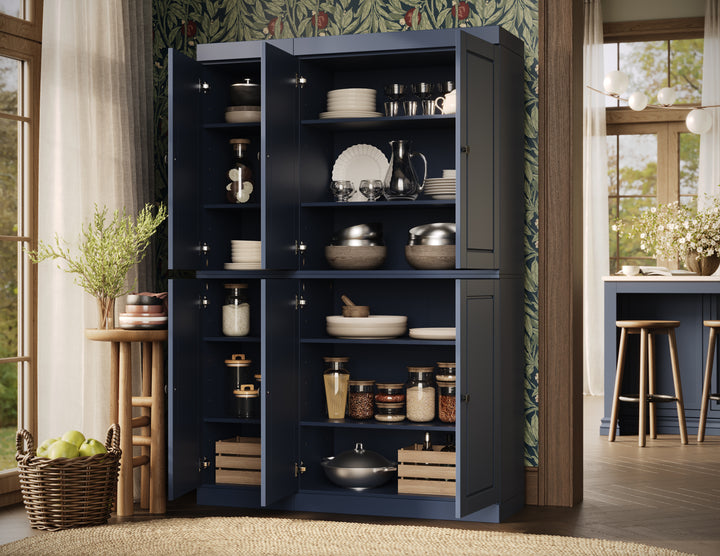 100% Solid Brazilian Pine Wood Pantry Cabinet with Raised Panel Doors, Adjustable Shelves, 48.5" Wide, 71.5" Tall