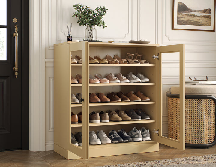 100% Solid Wood Glass Door Shoe Storage Cabinet with Adjustable Shelves, Space Saving Stackable Entryway Organizer, 32" W x 35.75" H