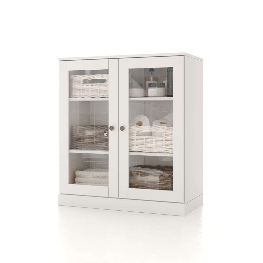 100% Solid Brazilian Pine Wood 32" Bathroom Storage Cabinet with Clear Glass Doors  and Adjustable Shelves