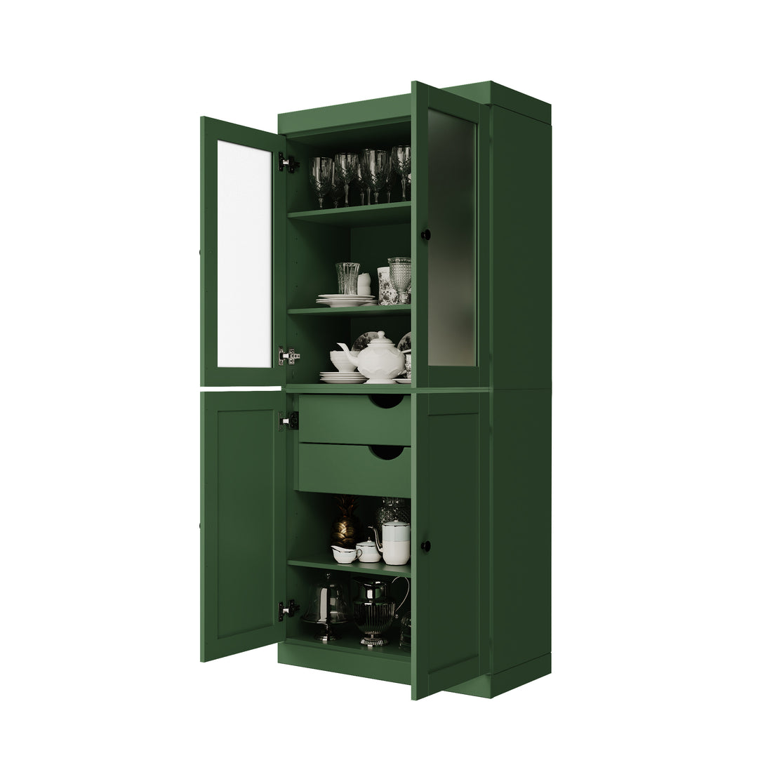 100% Solid Wood 32" Pantry Cabinet, 2 Frosted Glass, 2 Shaker Wood Doors, 2-Drawers