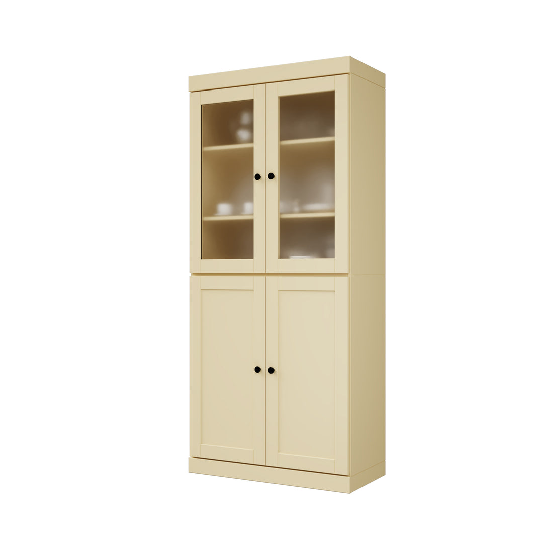100% Solid Wood 32" Pantry Cabinet, 2 Frosted Glass, 2 Shaker Wood Doors, 2-Drawers