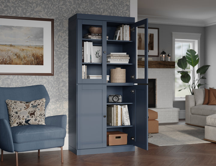 100% Solid Wood 6-Shelf 32" Bookcase, 2 Glass Doors, 2 Shaker Wood Doors, Adjustable Shelves