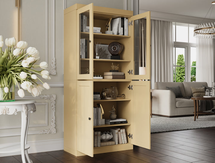 100% Solid Wood 6-Shelf 32" Bookcase, 2 Glass Doors, 2 Shaker Wood Doors, Adjustable Shelves