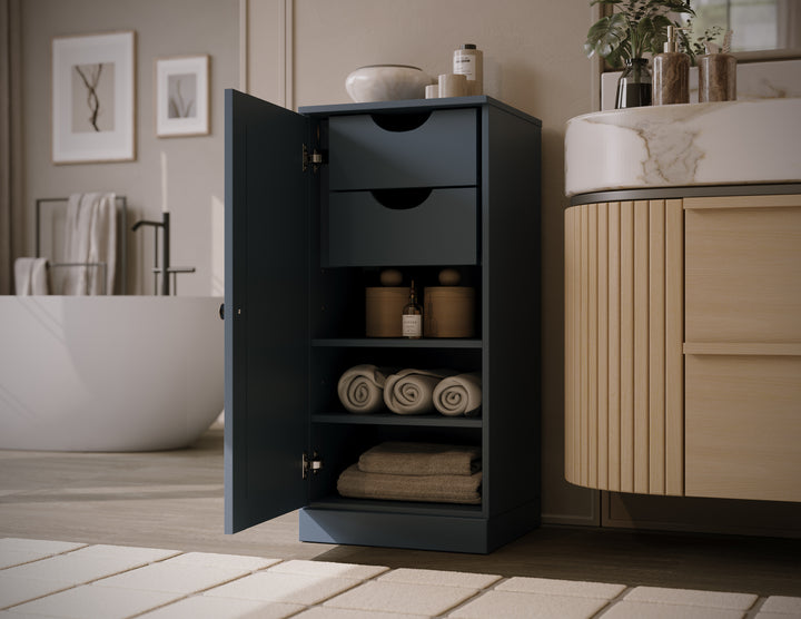 100% Solid Wood Bathroom Storage Cabinet, Raised Panel Door, 2 Drawers, Adjustable Shelves, 16.5" Wide, 35.75" Tall