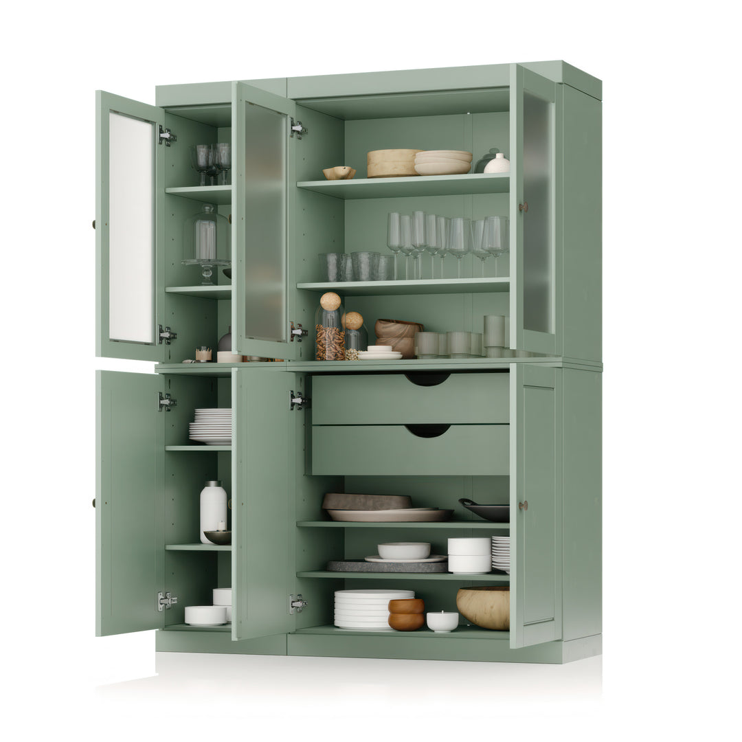 100% Solid Wood Kitchen Pantry Cabinet, Tall Freestanding Modular Storage with Frosted Glass & Raised Panel Doors & 2 Drawers, Adjustable Shelves, 48.5" W x 71.5" H