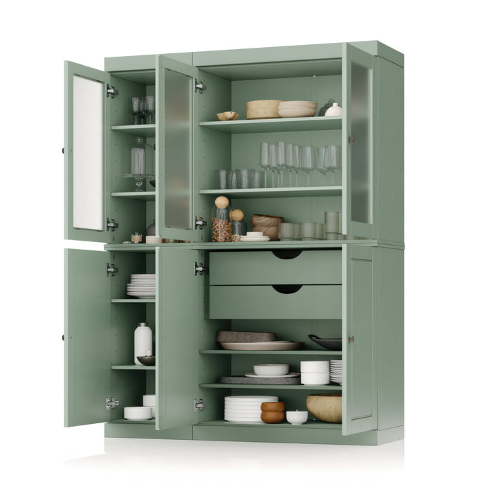 100% Solid Wood Kitchen Pantry Cabinet, Tall Freestanding Modular Storage with Frosted Glass & Raised Panel Doors & 2 Drawers, Adjustable Shelves, 48.5" W x 71.5" H