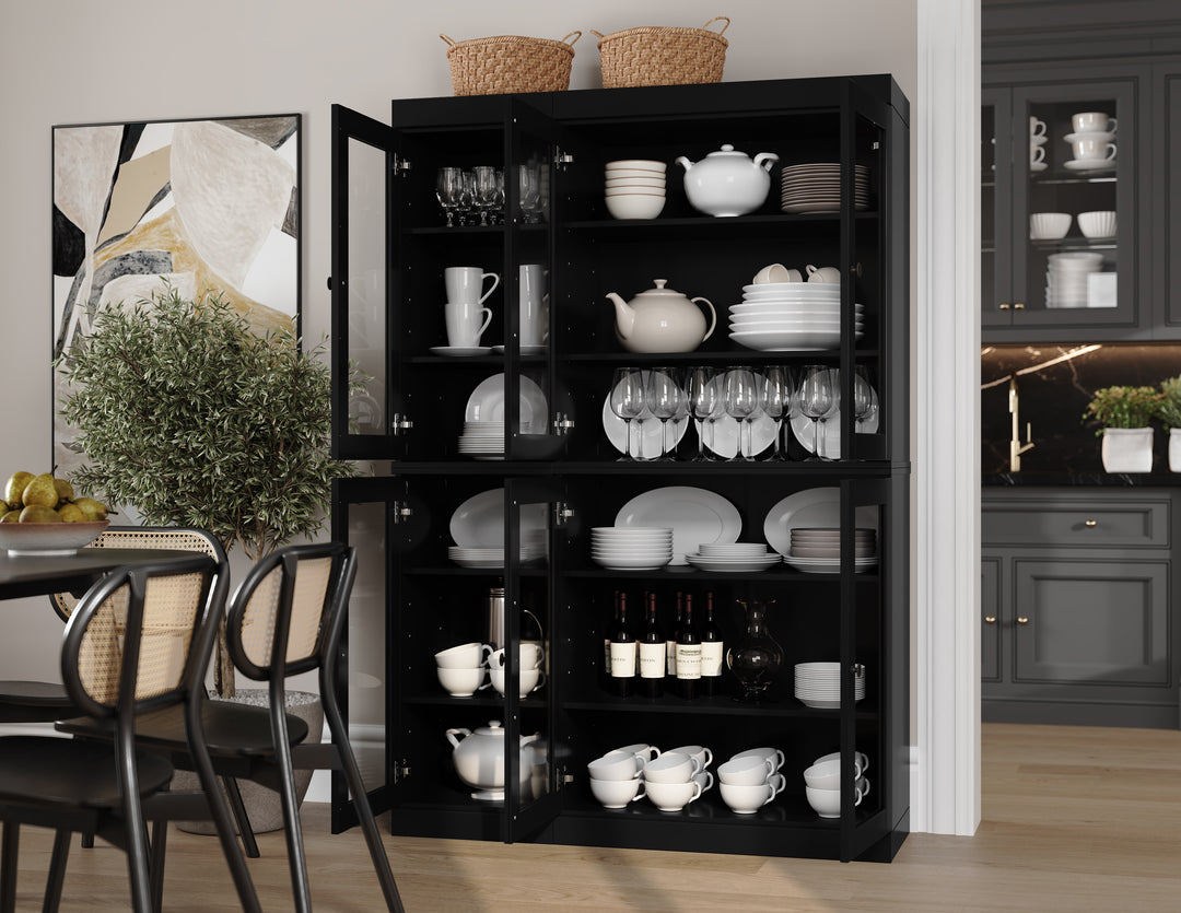 100% Solid Wood Pantry China Cabinet, Clear Glass Doors