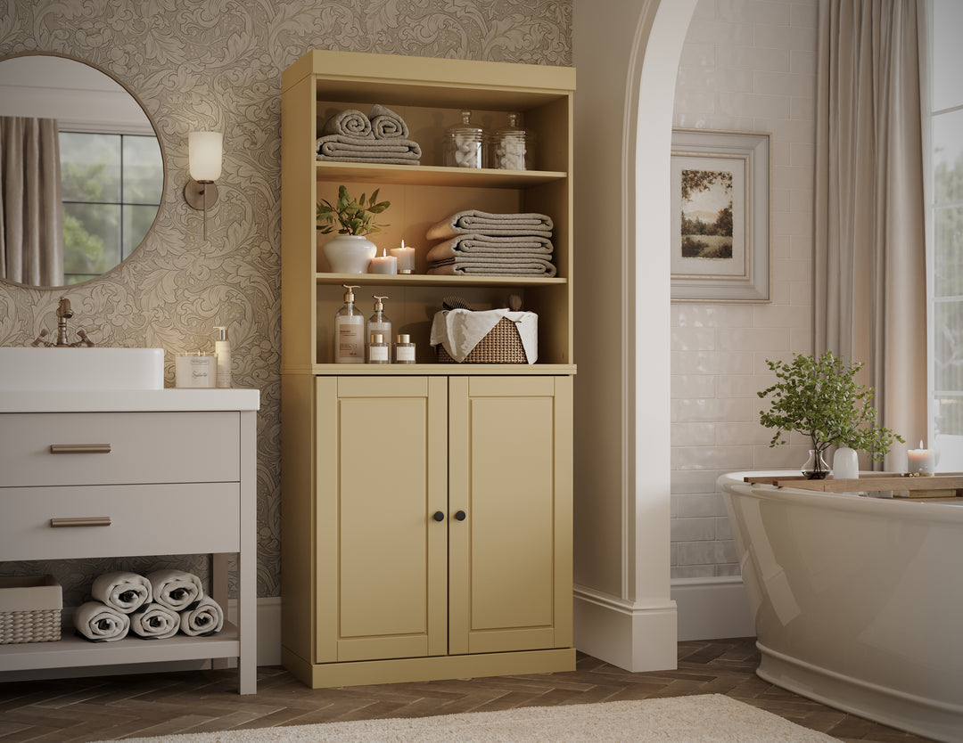 100% Solid Brazilian Pine Wood Bathroom Storage Cabinet, Raised Panel Doors, Adjustable Shelves, 32" Wide, 71.5" Tall