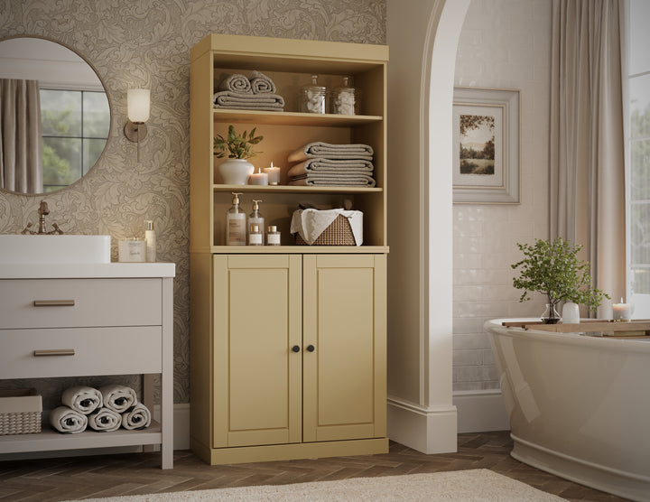 100% Solid Brazilian Pine Wood Bathroom Storage Cabinet, Raised Panel Doors, Adjustable Shelves, 32" Wide, 71.5" Tall