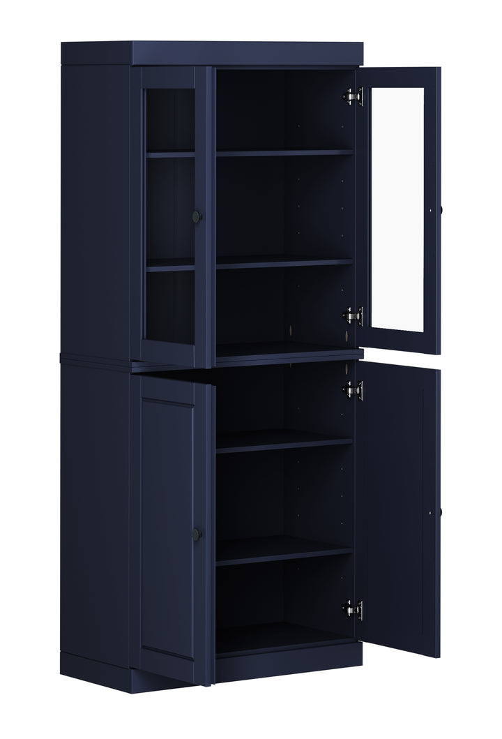 100% Solid Wood 6-Shelf 32" Bookcase, 2 Glass Doors, 2 Raised Panel Doors, Adjustable Shelves