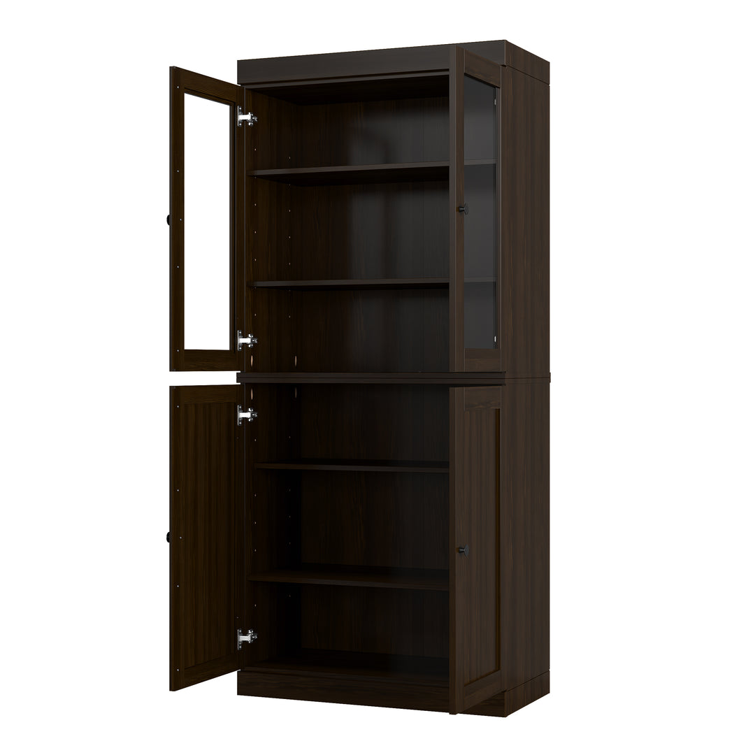 100% Solid Wood Freestanding Tall Modular 6-Shelf Bookcase Cabinet with Glass Top & Shaker Bottom Doors, Adjustable Shelves, Display Storage Bookshelf, 32" W x 71.5" H
