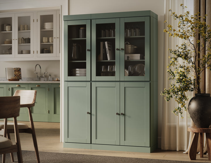 100% Solid Wood 48.5" Pantry China Cabinet, 3 Glass Doors, 3 Shaker Doors, 2-Drawers