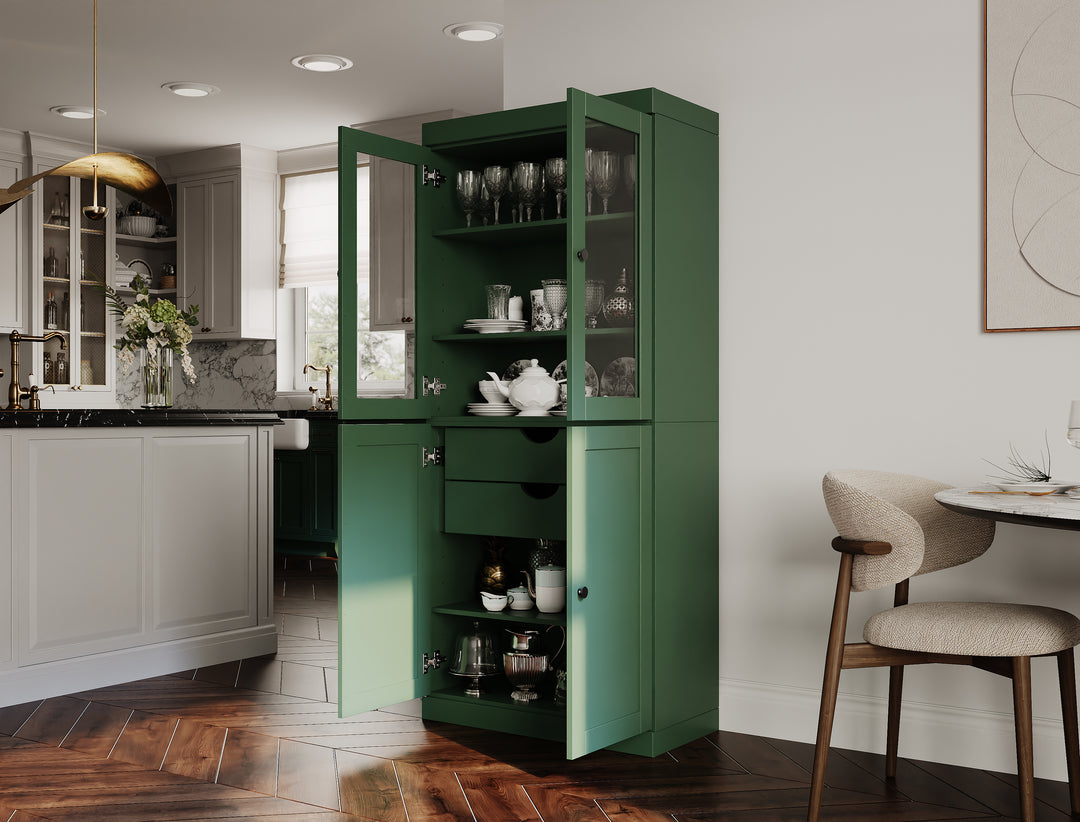 100% Solid Wood 32" Pantry Cabinet, 2 Clear Glass, 2 Shaker Doors, 2-Drawers