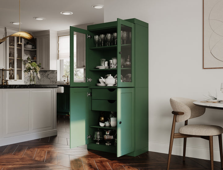 100% Solid Wood 32" Pantry Cabinet, 2 Clear Glass, 2 Shaker Doors, 2-Drawers