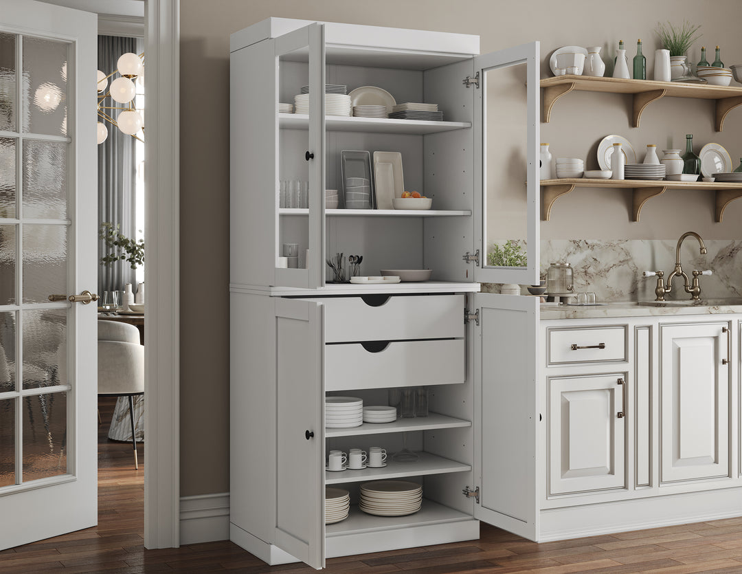 100% Solid Brazilian Pine Wood Pantry Cabinet, Shaker & Clear Glass Doors, 2 Drawers, Adjustable Shelves, 32" Wide, 71.5" Tall