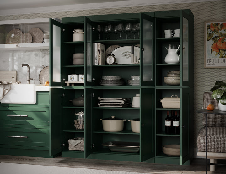 Green Inside View of Wood Kitchen Pantry Cabinet, Tall Freestanding Modular Storage with Frosted Glass & Shaker Doors, Adjustable Shelves, 65" W x 71.5" H