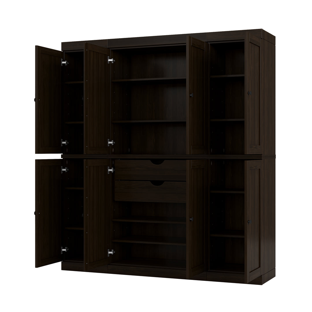 100% Solid Brazilian Pine Wood Pantry Cabinet, Shaker Doors, 2 Drawers, Adjustable Shelves, 65" Wide, 71.5" Tall