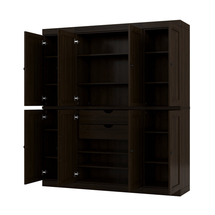 100% Solid Brazilian Pine Wood Pantry Cabinet, Shaker Doors, 2 Drawers, Adjustable Shelves, 65" Wide, 71.5" Tall