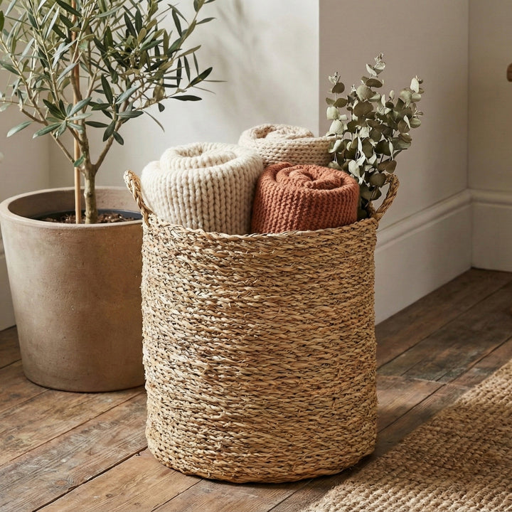 100% Handwoven Natural Rattan 9.5" Round Rustic Weave Basket with Handles, Boho Farmhouse Decorative Laundry & Storage Organizer, Handcrafted – Authentic African Craftsmanship, Baskets - Palace Imports