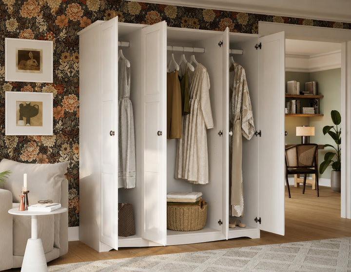 100% Solid Wood 4-Door Wardrobe Armoire with Raised Panel Doors, Bedroom Closet Storage - Regal Collection with Metal Knobs