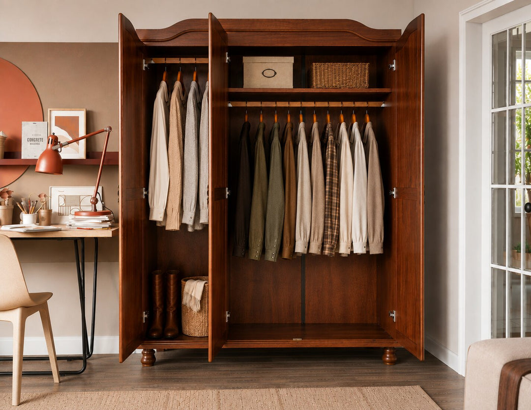 100% Solid Wood 3-Door Wardrobe Armoire with Mirrored Doors, Bedroom Closet Storage - Kyle Collection