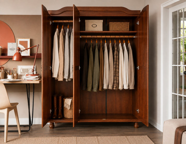 100% Solid Wood 3-Door Wardrobe Armoire with Mirrored Doors, Bedroom Closet Storage - Kyle Collection