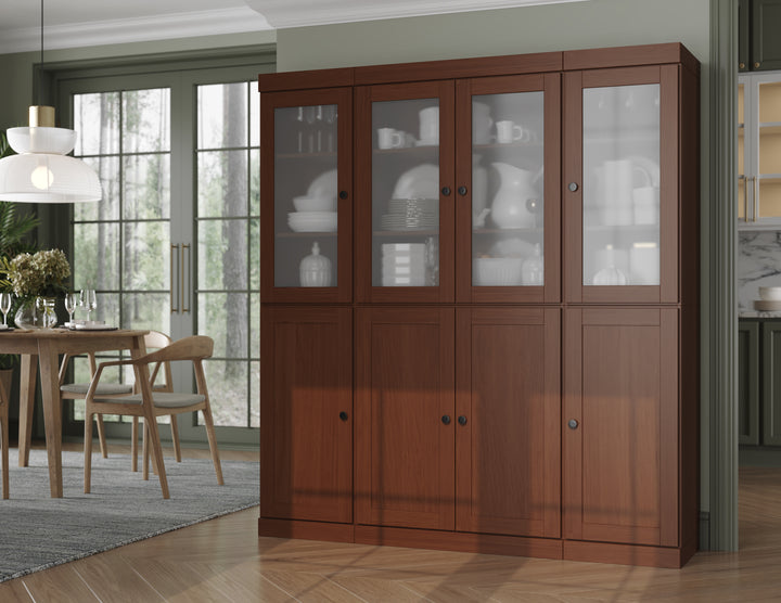 Mocha 100% Solid Wood Kitchen Pantry Cabinet, Tall Freestanding Modular Storage with Frosted Glass & Shaker Doors, Adjustable Shelves, 65" W x 71.5" H