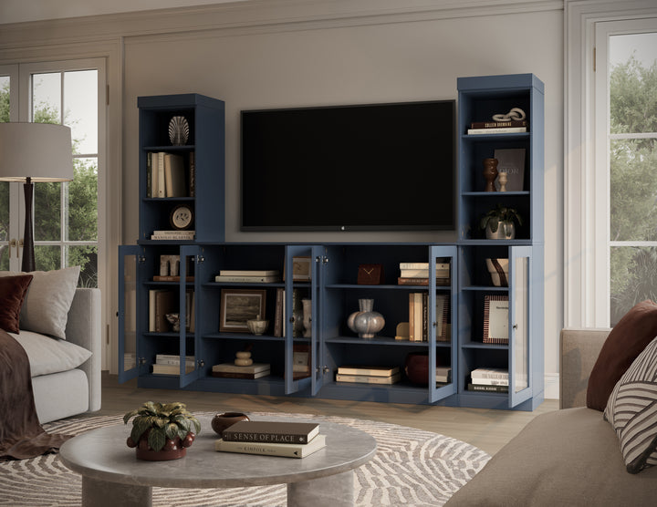 100% Solid Wood 6-Piece Entertainment Center Wall Unit with Storage, Open Cabinets & Glass Doors, Adjustable Shelves, 97" W x 71.5" H