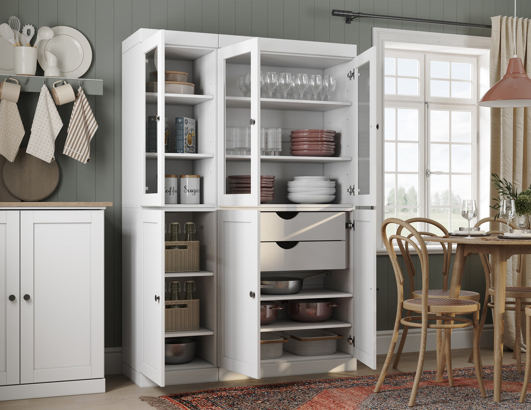 100% Solid Wood 48.5" Pantry China Cabinet, 3 Glass Doors, 3 Shaker Doors, 2-Drawers