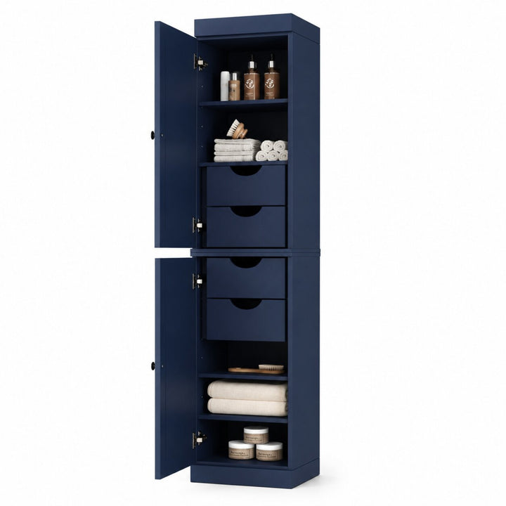 100% Solid Wood Bathroom Storage Cabinet, Shaker Doors, 4 Drawers, Adjustable Shelves, 16.5" Wide, 71.5" Tall