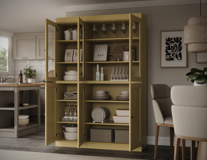 100% Solid Wood 48.5" China Pantry Cabinet, 3 Glass Doors, 3 Shaker Doors