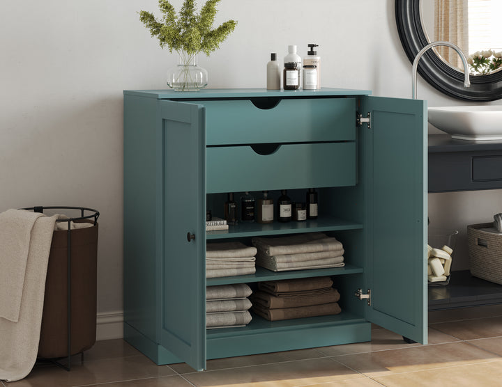 100% Solid Brazilian Pine Wood Bathroom Storage Cabinet, Shaker Doors, 2 Drawers, Adjustable Shelves, 32" Wide, 35.75" Tall