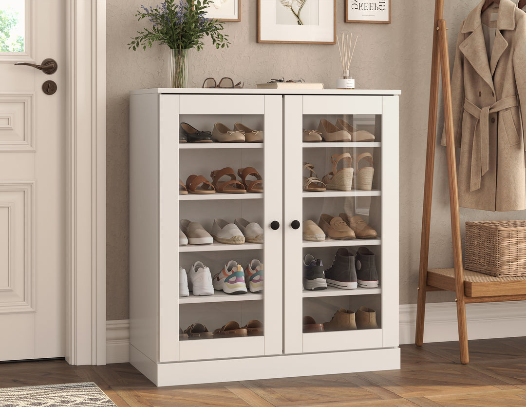 100% Solid Wood Glass Door Shoe Storage Cabinet with Adjustable Shelves, Space Saving Stackable Entryway Organizer, 32" W x 35.75" H